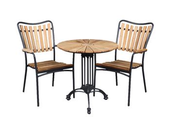 Teak ø 70 cm hagebord med 2 stoler, antrasittgrå aluminiumsramme